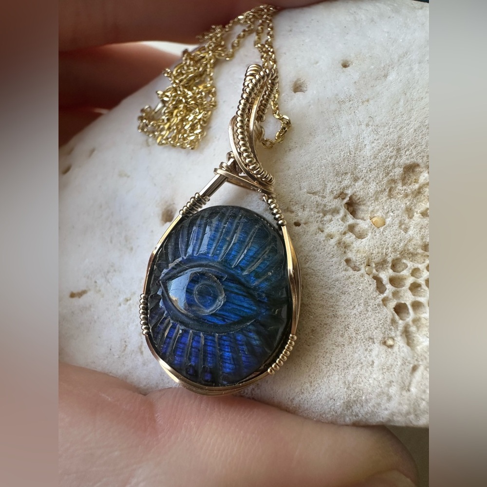 14k Gold Filled Evil Eye Handcarved Labradorite Necklace 18 inches